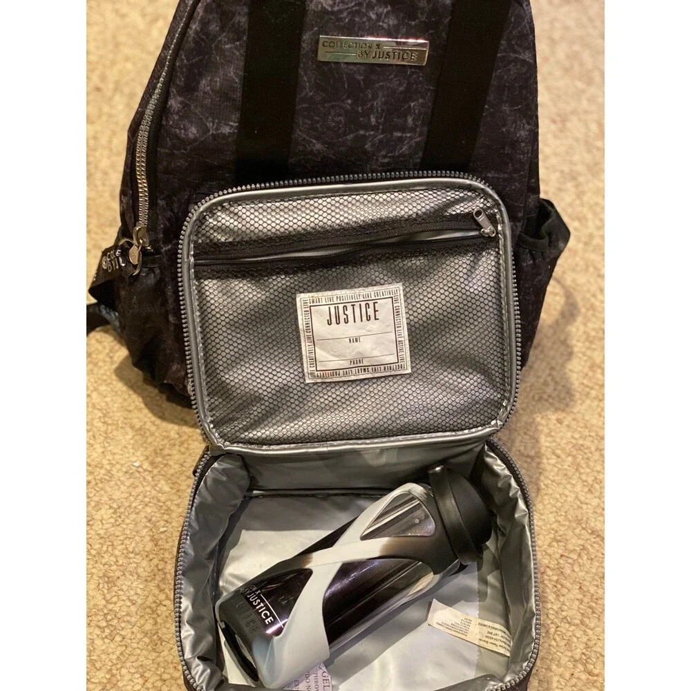 Justice Backpack Set Collect X  3Pc Tie Dye Bl n Wt Silver lunch box bottle NWOT
